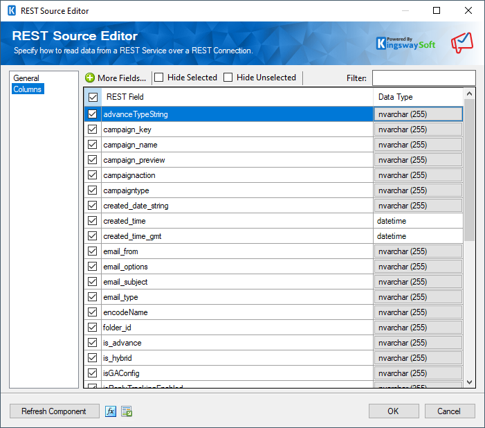 SSIS Zoho Campaigns Source component - Columns